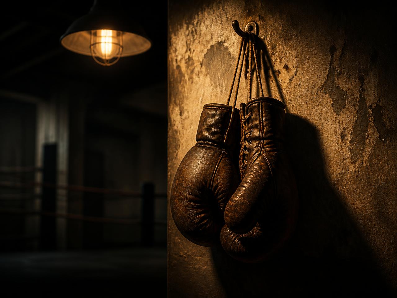 Worn leather boxing gloves hanging on a hook in a dimly lit gym