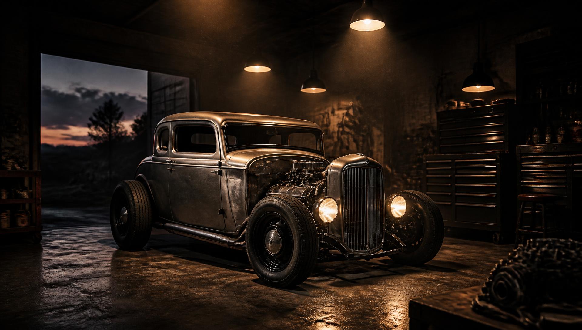 Bare-metal hot rod coupe under hanging shop lights inside a boutique garage