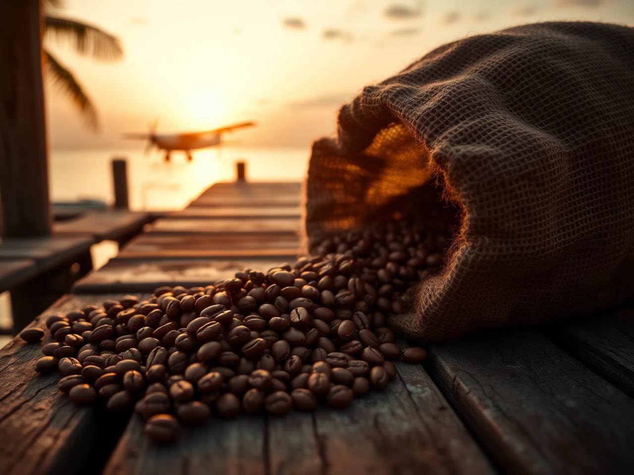 Fresh roasted coffee beans spilling from a burlap sack on a wooden dock at sunset with a seaplane in the distance